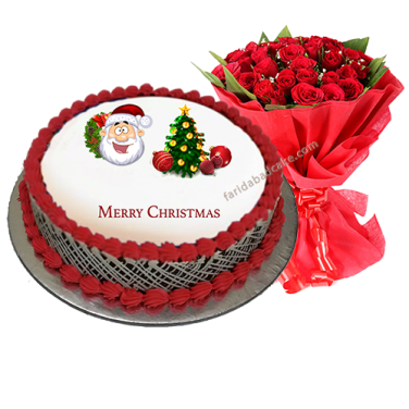 Christmas Cake with 10 Roses Bouquet