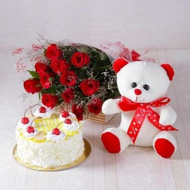 Pineapple Cake Teddy n Flower Combo